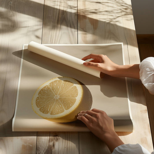 Cette affiche photo-réaliste artistique de grand format illustre un citron vibrant, à peine posé dans la lumière du matin, capturé avec réalisme et poésie. L'affiche évoque la fraîcheur acidulée d'un fruit encore gorgé de soleil. Son fond beige rosé doux amplifie le contraste et laisse le citron respirer sur la surface.