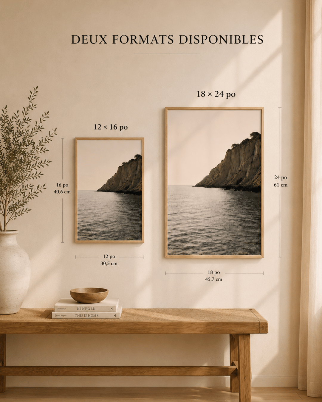Affiches imprimées deux formats illustrées chacune dans un cadre en bois clair et déposées au dessus d'un banc en bois clair. Formats: 12"x16" (30.5 x 40.6cm) ou 18" x 24" (45.7 61cm)