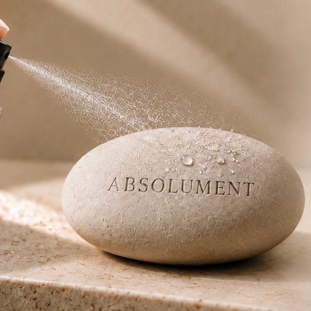 Jet de parfum sur le Galet Minéral ABSOLUMENT, teinte Crème Minéral, forme ovale et texture naturelle, sur fond beige épuré.