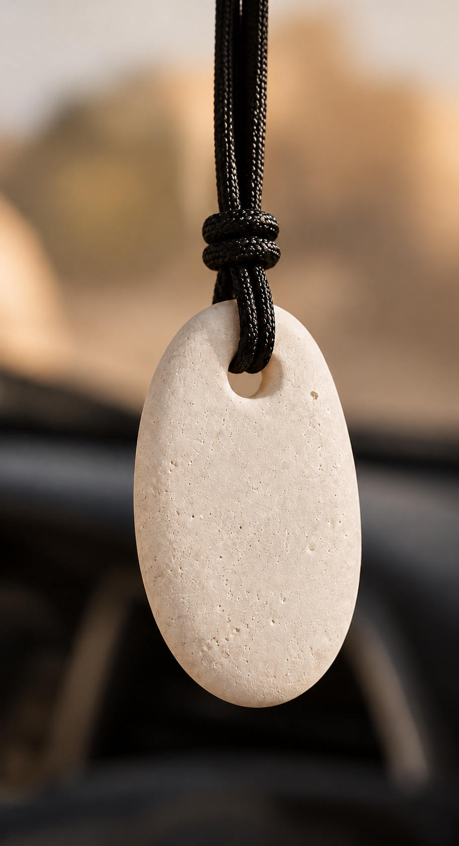 Galet minéral à suspendre Le Rituel Évasion d’ABSOLUMENT, parfumé avec le parfum d’ambiance 01, accroché dans une voiture pour une touche d’évasion au quotidien.