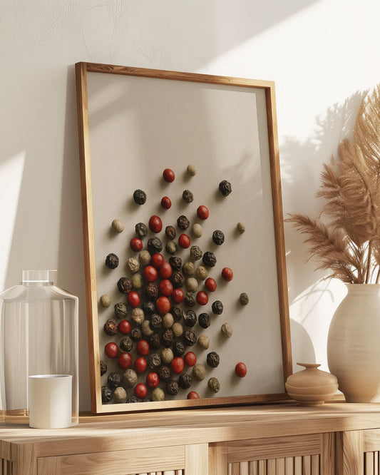 Un équilibre parfait entre couleur, texture et intensité.
Cette affiche rassemble quatre variétés de poivres: noir, blanc, vert et baies roses dans une composition artistique et organique. Une œuvre sobrement éclatante qui ajoute une touche de profondeur et de chaleur à votre décor culinaire.

S'agence parfaitement avec l'affiche:&nbsp;Fleur de sel