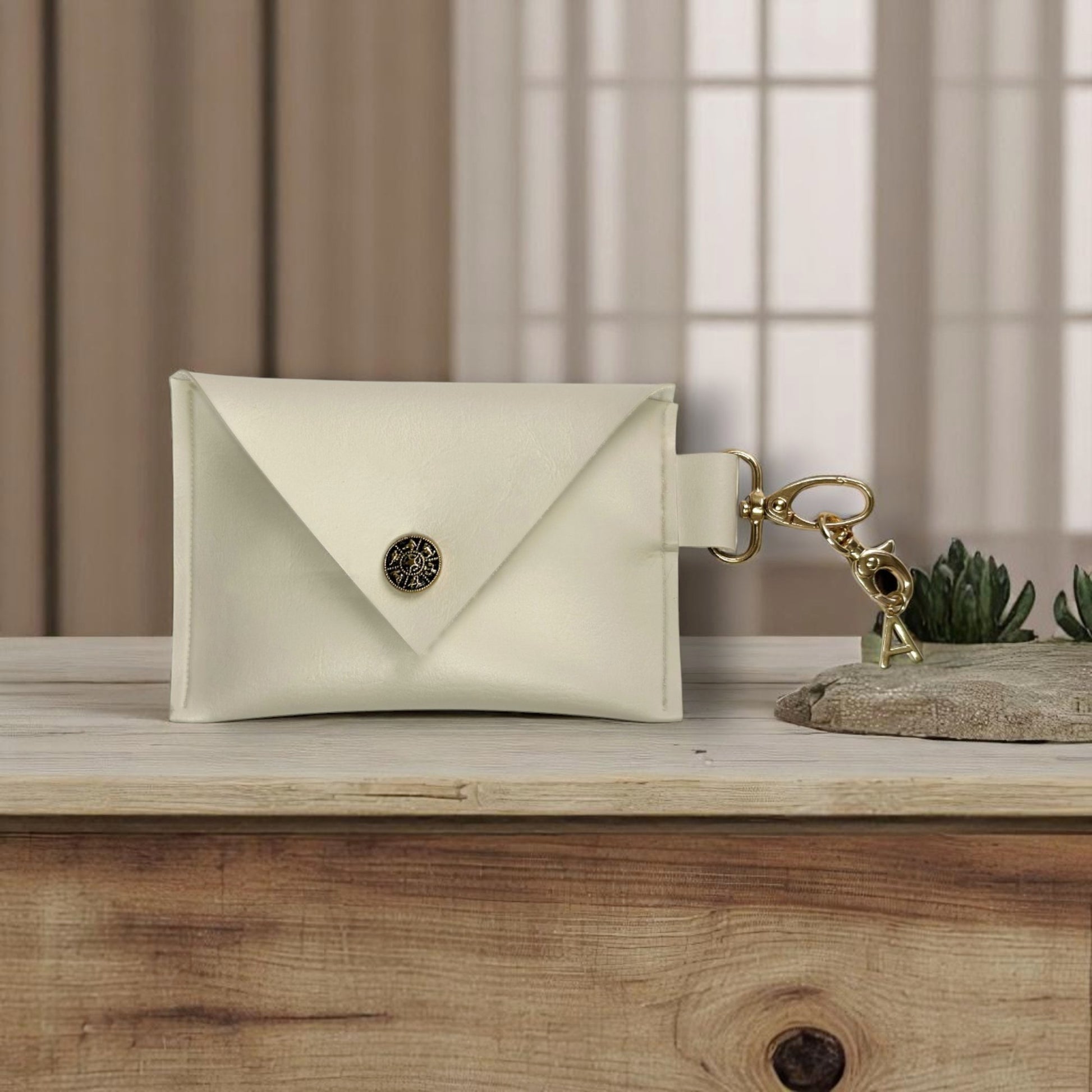 Porte cartes en cuir veagn de couleur crème avec une attache en cuir vegan et un fermoir à pince  et logo Absolument de couleur doré