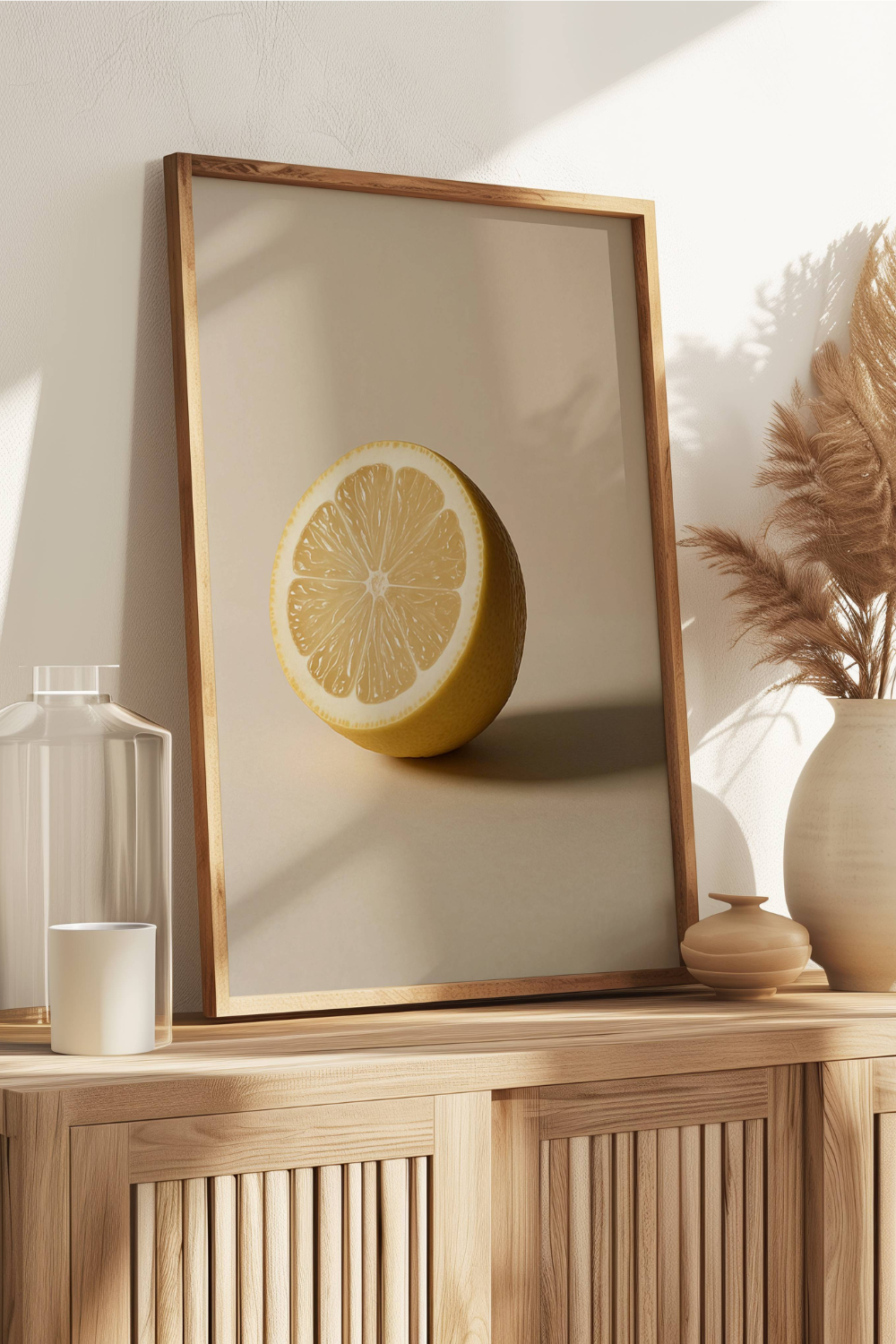 Cette affiche photo-réaliste artistique de grand format illustre un citron vibrant, à peine posé dans la lumière du matin, capturé avec réalisme et poésie. L'affiche évoque la fraîcheur acidulée d'un fruit encore gorgé de soleil. Son fond beige rosé doux amplifie le contraste et laisse le citron respirer sur la surface.

S'agence parfaitement avec les affiches: Figue / Branche d'olivier