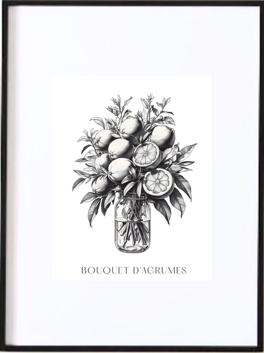 Apportez une touche de fraîcheur et d’élégance à votre intérieur avec cette affiche prête à être encadrée et représentant un bouquet d’agrumes. Dessinée au crayon dans un style raffiné en noir et blanc, elle met en valeur chaque détail avec délicatesse et sobriété. Son esthétique intemporelle en fait une pièce décorative idéale pour sublimer la cuisine ou la salle à manger.