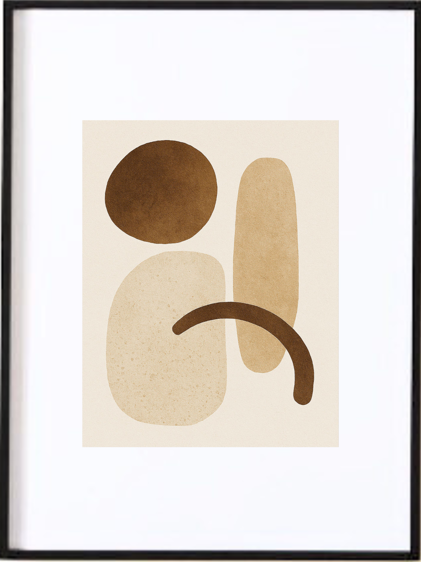 Une danse de formes douces et de teintes terreuses. Cette affiche  imprimée abstraite évoque la sérénité d’un moment calme, où chaque élément trouve sa juste place. Les courbes sable et crème se posent comme des cailloux au bord d’un ruisseau, tandis que les accents brun foncé rappellent la chaleur du bois vieilli. Une œuvre qui invite à ralentir, à respirer, à s’ancrer.