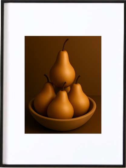 Cette affiche imprimée illustre cinq poires baignées d’une lumière paisible. Leur peau douce reflète les tons
feutrés du matin; ocre, beige et un soupçon de doré. La composition évoque le calme de l’aube, la cuisine lente, les gestes tendres. Une image à déguster, comme une première bouchée de fruit au lever du soleil.