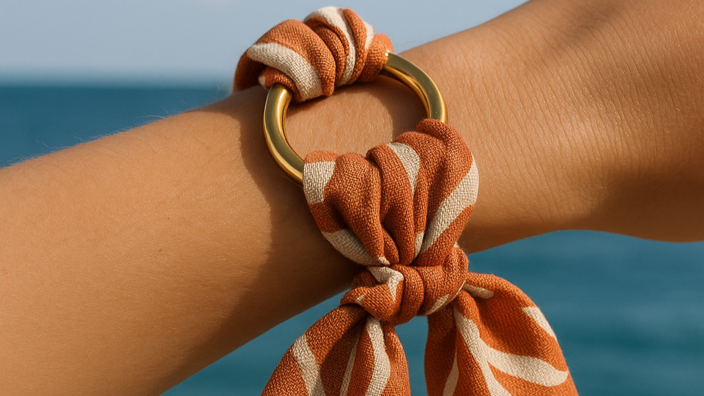 Un foulard en lin terracotta pour nouer aux cheveux pouvant servir d'accessoire bijou au poignet. 