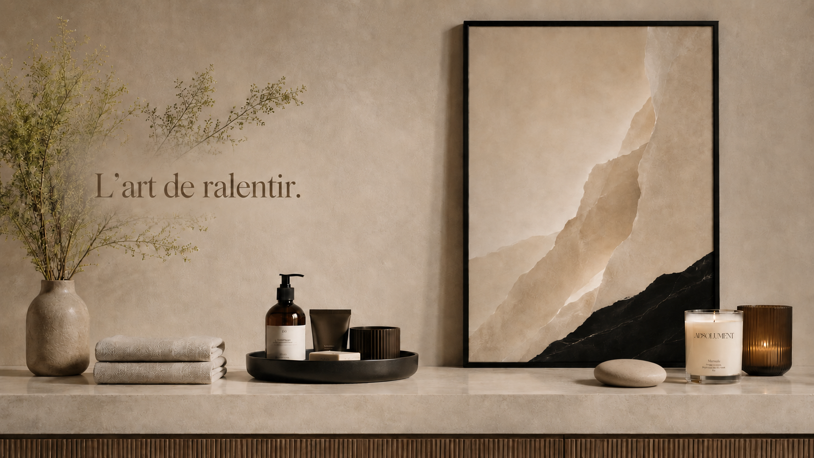 Ambiance spa à la maison avec affiche minérale, bougie artisanale, gales à parfumer, parfum d'ambiance et accessoires décoratifs fabriqués au Québec.