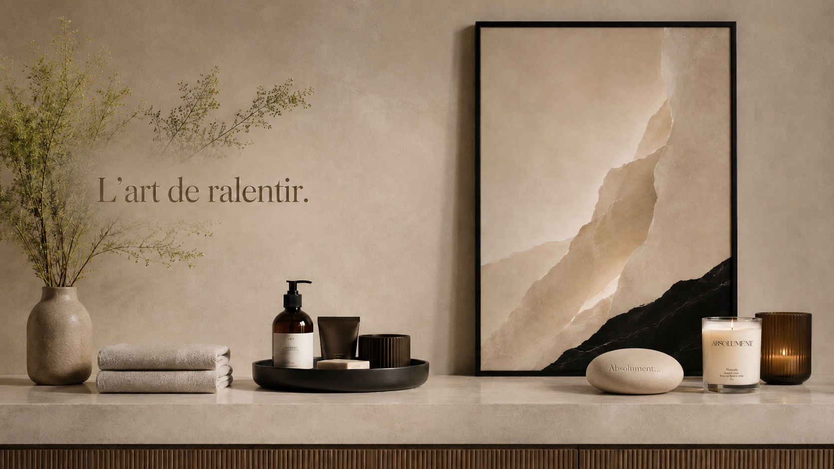 Ambiance spa à la maison avec affiche minérale, bougie artisanale, gales à parfumer, parfum d'ambiance et accessoires décoratifs fabriqués au Québec.
