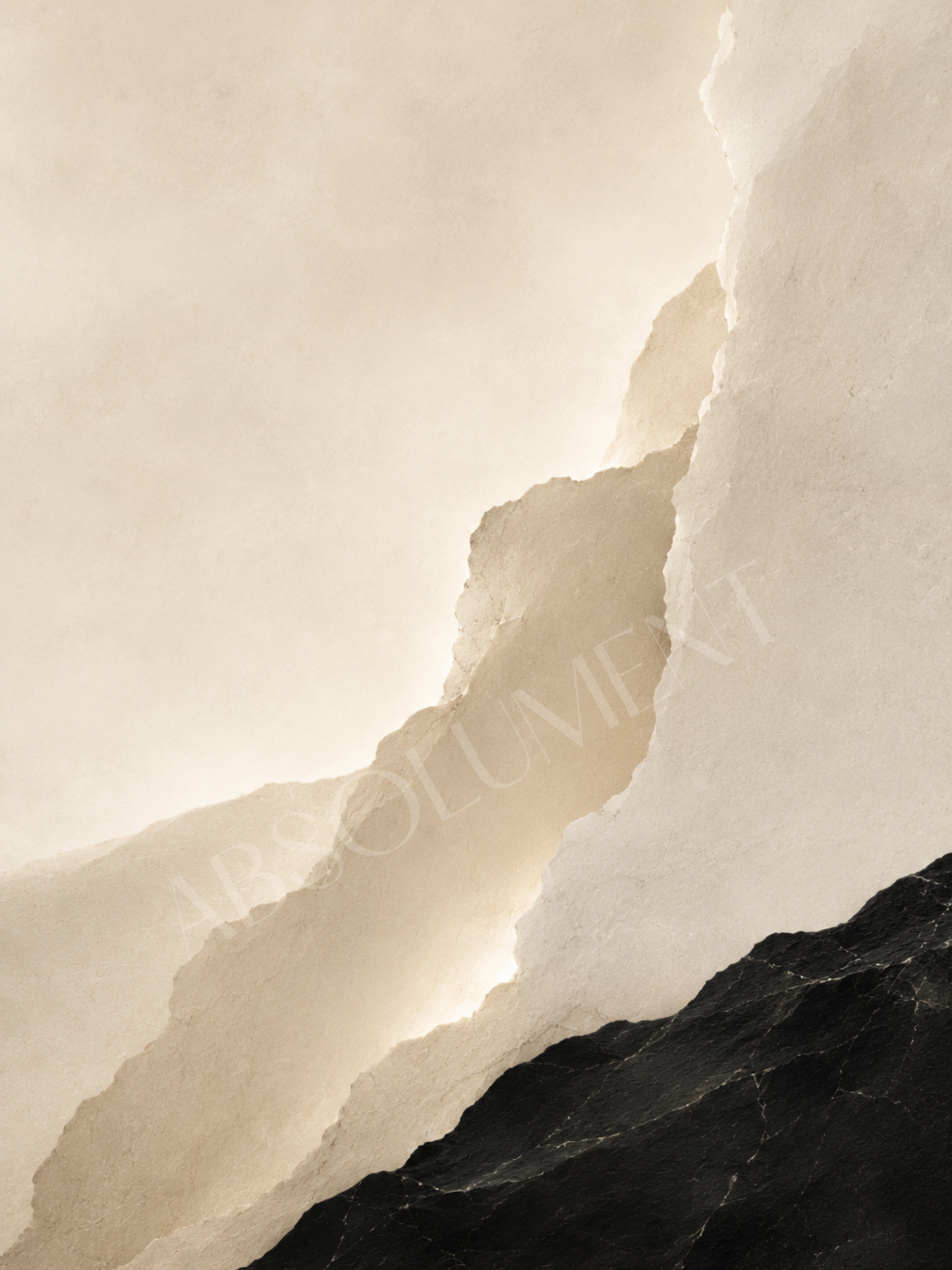 Affiche abstraite beige et noir de la Collection Minérale par Absolument. Œuvre minimaliste inspirée des textures naturelles et du calme des paysages minéraux.