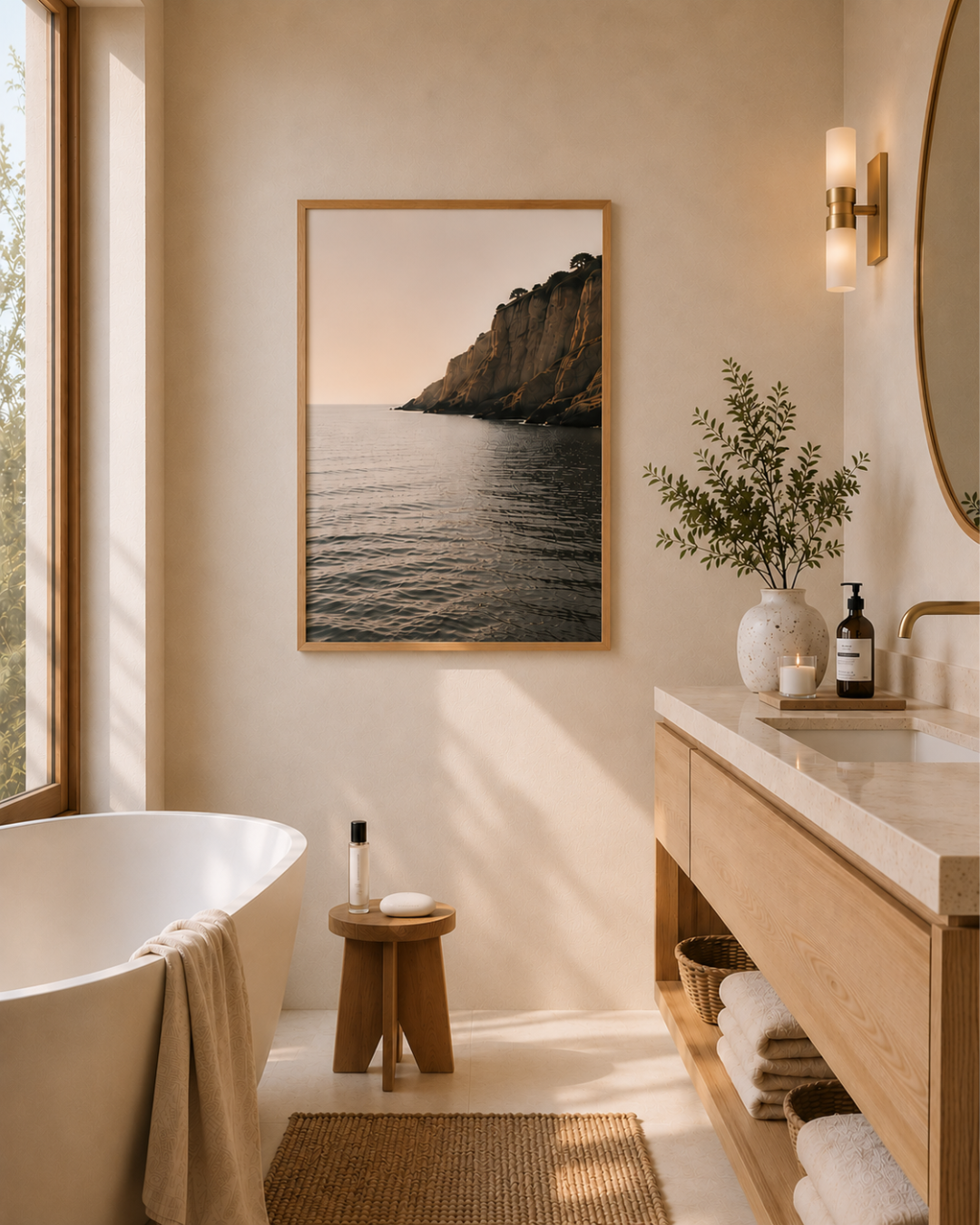 Affiche Falaise déposée dans un encadrement en bois clair sur un mur de salle de bain épuré et contemporaine. Décoration minimaliste, lumière naturelle, matières douces et objets choisis avec soin. 