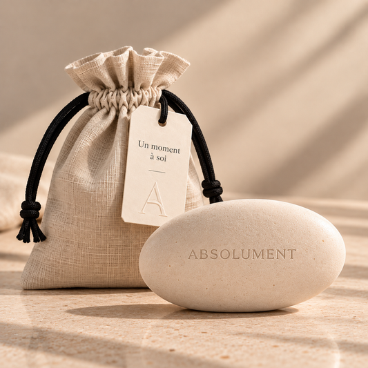 Galet Minéral à parfumer ABSOLUMENT, teinte Crème Minéral, forme ovale et texture naturelle, sur fond beige épuré avec sa pochette en lin réutilisable