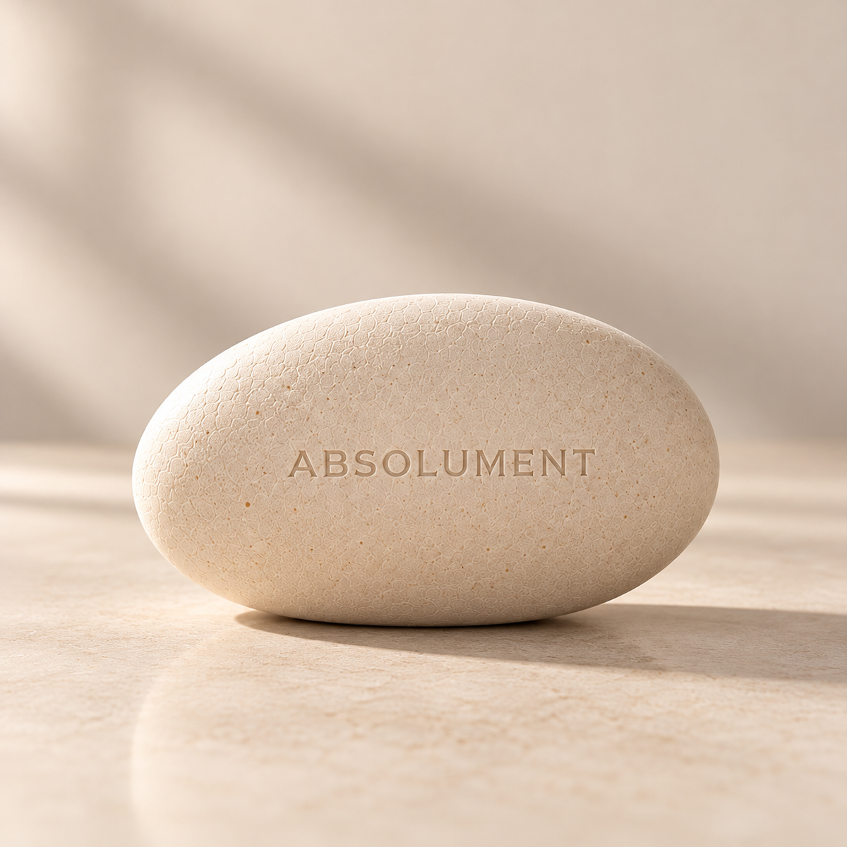 Galet Minéral à parfumer ABSOLUMENT, teinte Crème Minéral, forme ovale et texture naturelle, sur fond beige épuré.