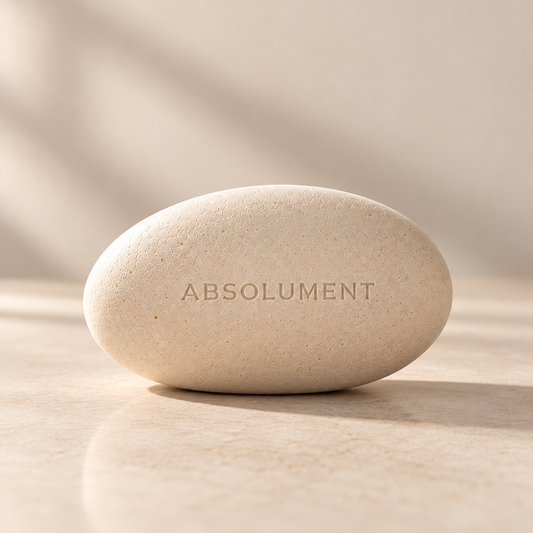 Galet Minéral à parfumer ABSOLUMENT, teinte Crème Minéral, forme ovale et texture naturelle, sur fond beige épuré.