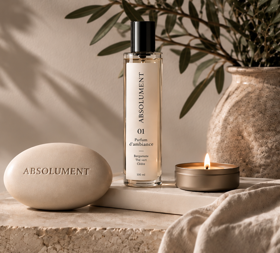 Le Rituel d’ABSOLUMENT: parfum d’ambiance 01 de 100 ml aux notes de bergamote, thé vert et cèdre, accompagné d’un galet minéral crème et d’une mini bougie allumée, dans une ambiance chaleureuse et épurée.