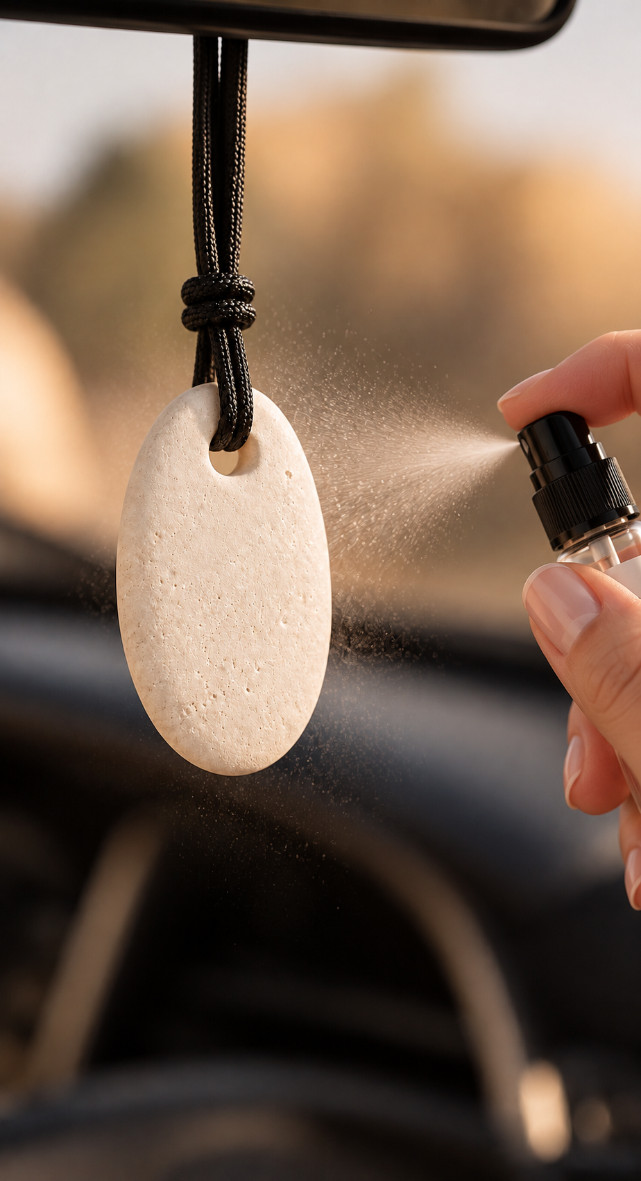 Fine brume de parfum d’ambiance  01 vaporisée sur un mini galet minéral crème ABSOLUMENT, suspendu au rétroviseur d’une voiture par un cordon noir.