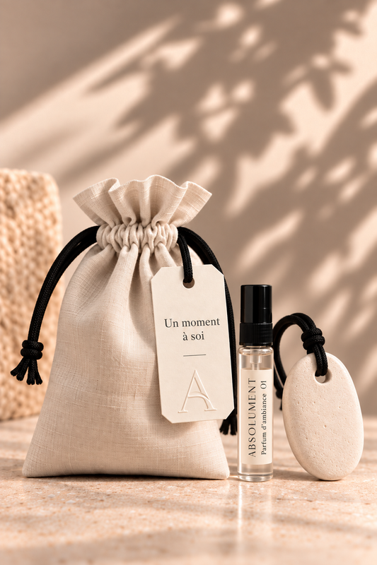 Le Rituel Évasion d’ABSOLUMENT: pochette en lin naturel crème avec cordon noir, mini parfum d’ambiance 01 de 5 ml et galet minéral à suspendre.