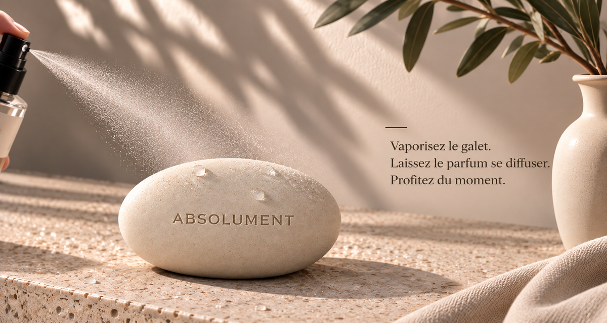 Un jet de parfum d'ambiance est vaporisé sur un galet minéral de couleur crème façonné à la main avec le logo Absolument incrusté. 