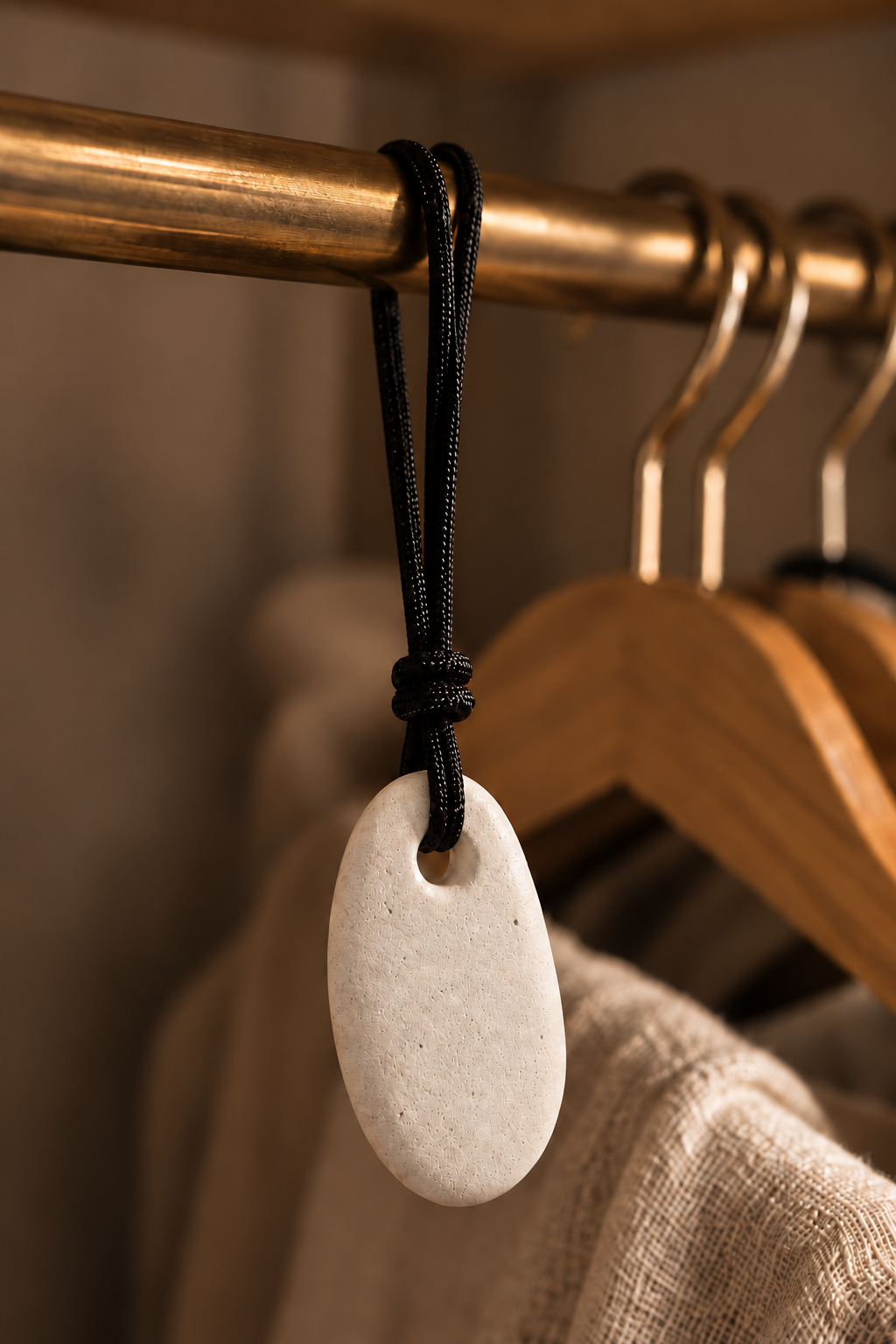 Mini galet minéral Le Rituel Évasion d’ABSOLUMENT, suspendu dans une garde-robe ou lingerie avec son cordon noir pour parfumer délicatement les vêtements et la lingerie.