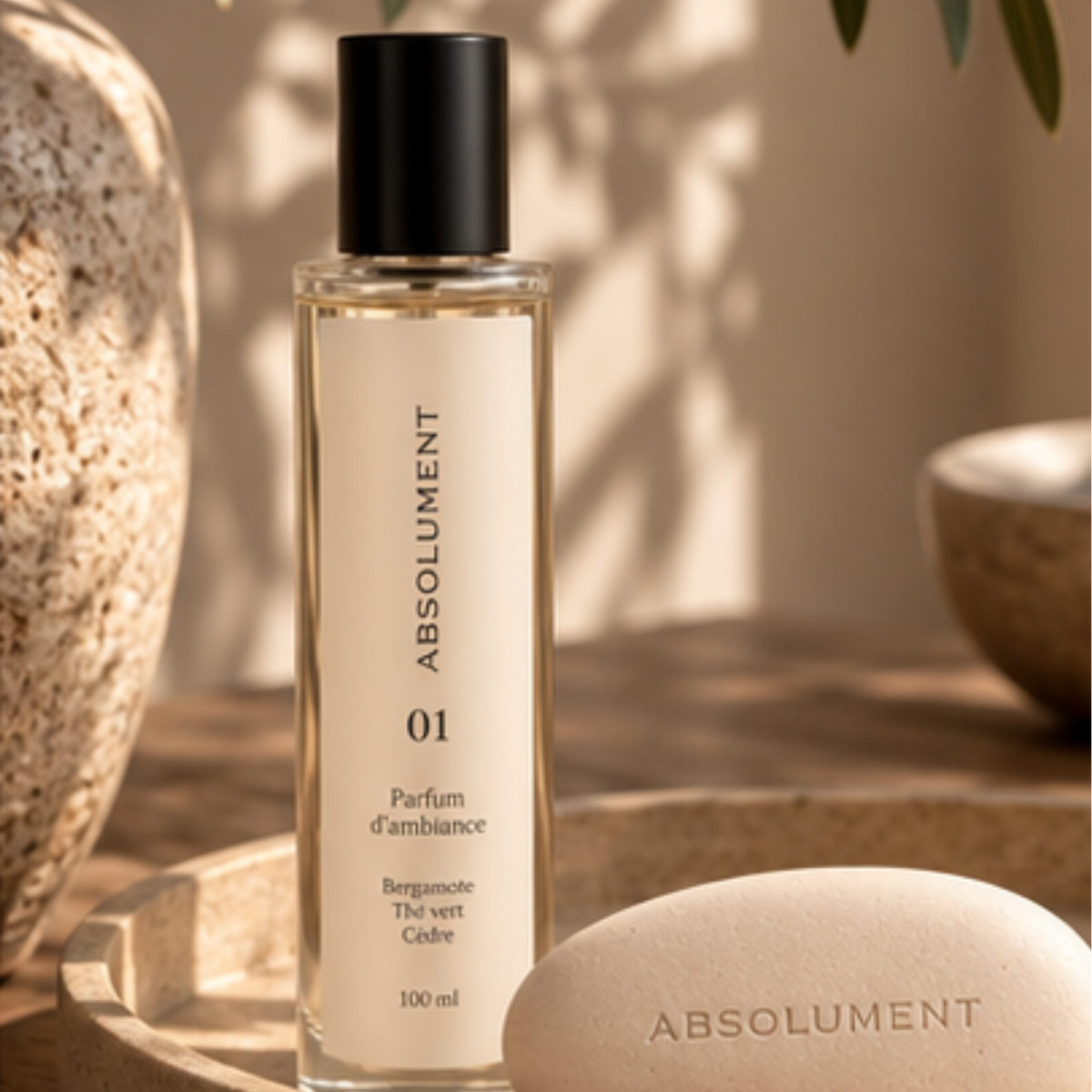 Parfum d'ambiance 01 et Galet à Parfumer-déposés dans un plateau de grès