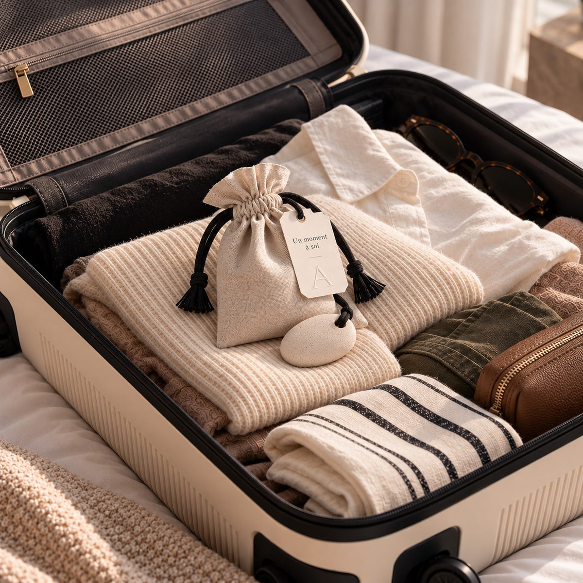 Valise de voyage crème ouverte sur des vêtements, avec la mini pochette Évasion ABSOLUMENT en lin naturel et son galet à parfumer, pour une touche de fraîcheur en voyage