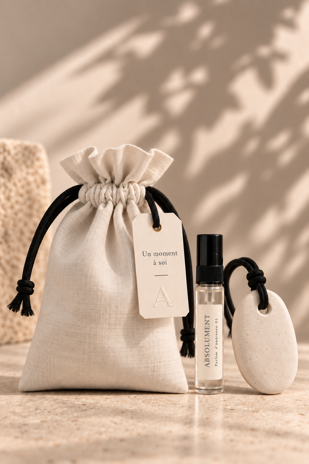 Le Rituel Évasion d’ABSOLUMENT: pochette en lin naturel crème avec cordon noir, mini parfum d’ambiance 01 de 5 ml et galet minéral à suspendre.