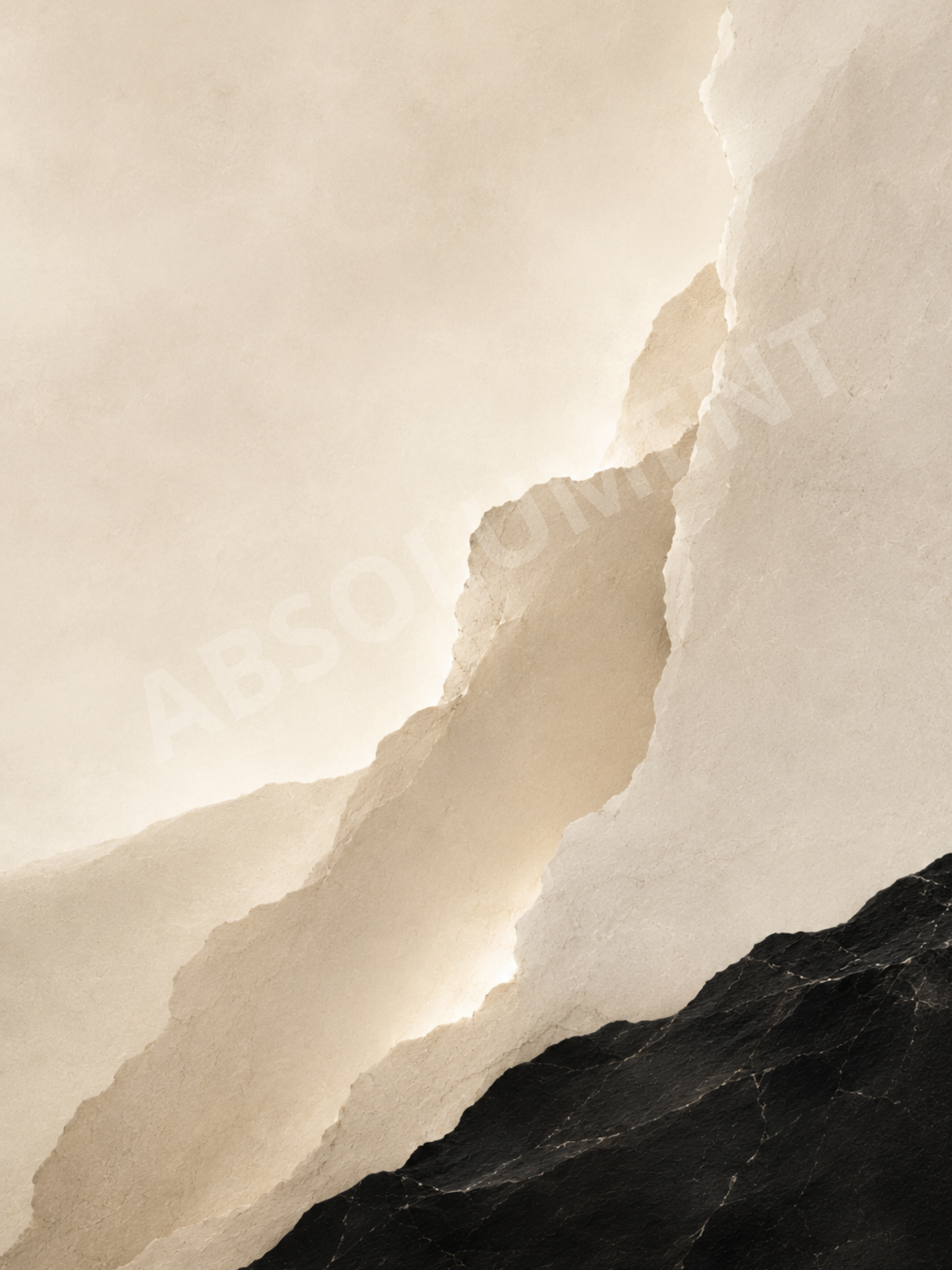 Affiche abstraite beige et noir de la Collection Minérale par Absolument. Œuvre minimaliste inspirée des textures naturelles et du calme des paysages minéraux.