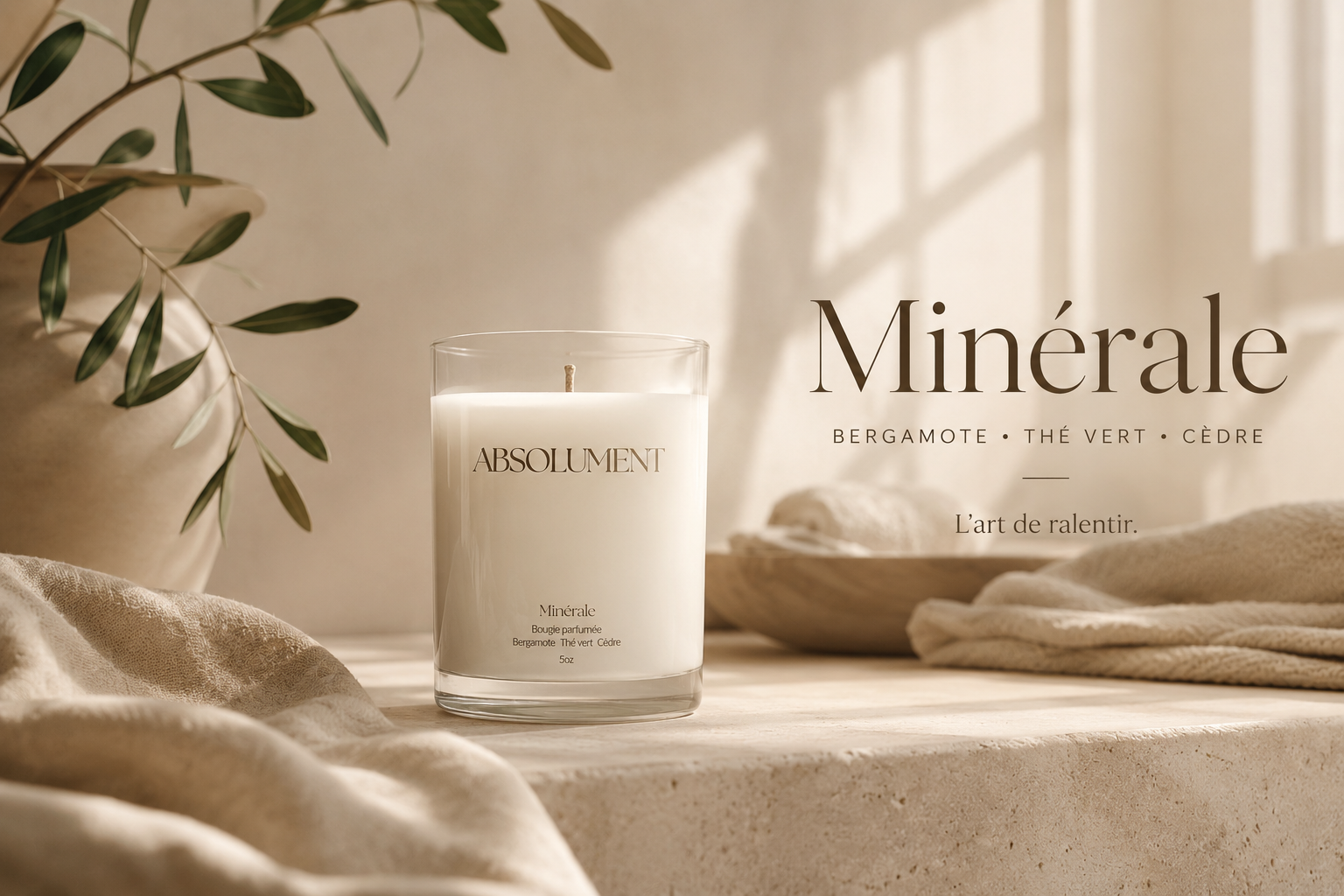 Bougie parfumée Minérale Absolument aux notes de bergamote, thé vert et cèdre dans un décor lumineux inspiré des hôtels-spas et du bien-être.