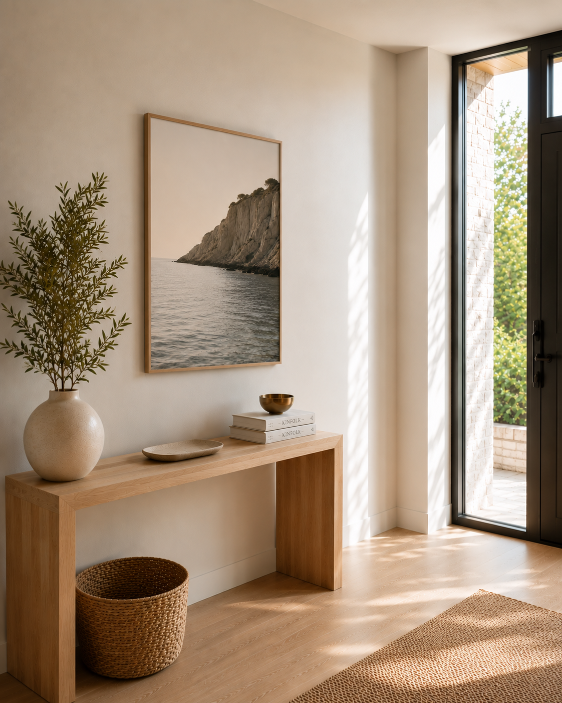 Affiche La Falaise représentant une falaise rocheuse longeant la mer calme, dans des tons crème, sable et gris doux et déposée dans un mince cadre en bois clair installé au dessus d'une table console dans l'entrée de la maison.