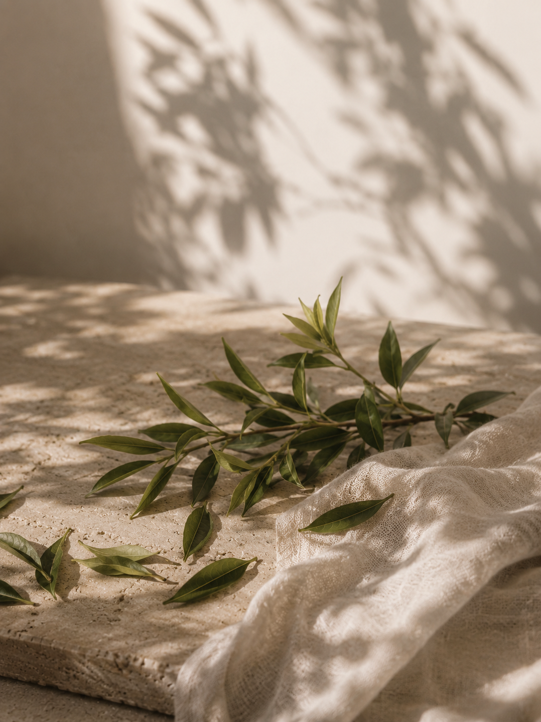 Affiche Thé vert représentant des branches et feuilles de thé sur une pierre naturelle, éclairées par une douce lumière dans des tons crème, sable et vert.