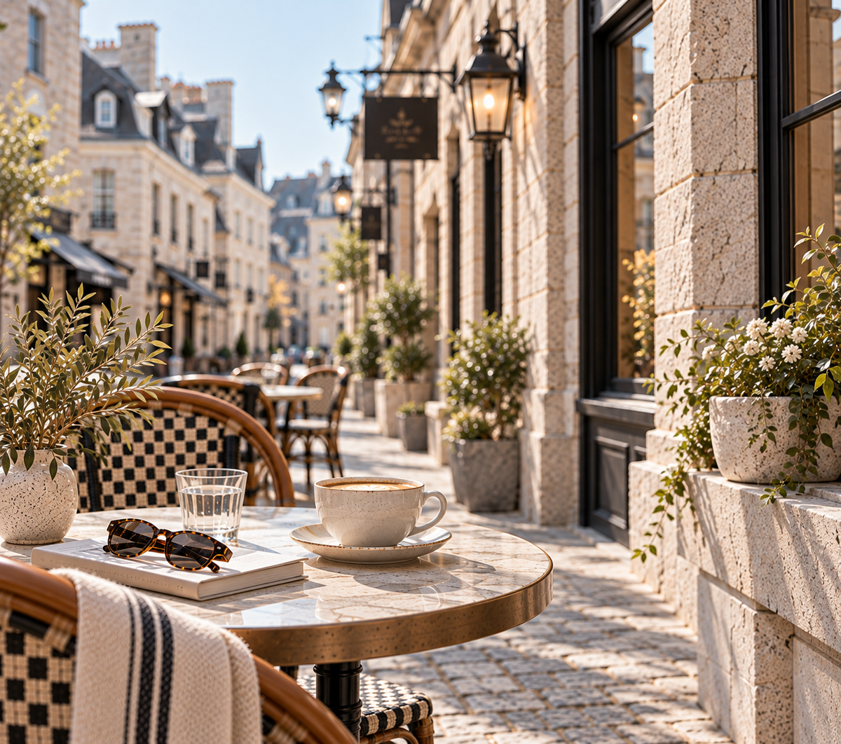 Terrasse de café ensoleillée dans une ruelle de type européenne, avec table en marbre, tasse de café, lunettes de soleil et façades en pierre beige.