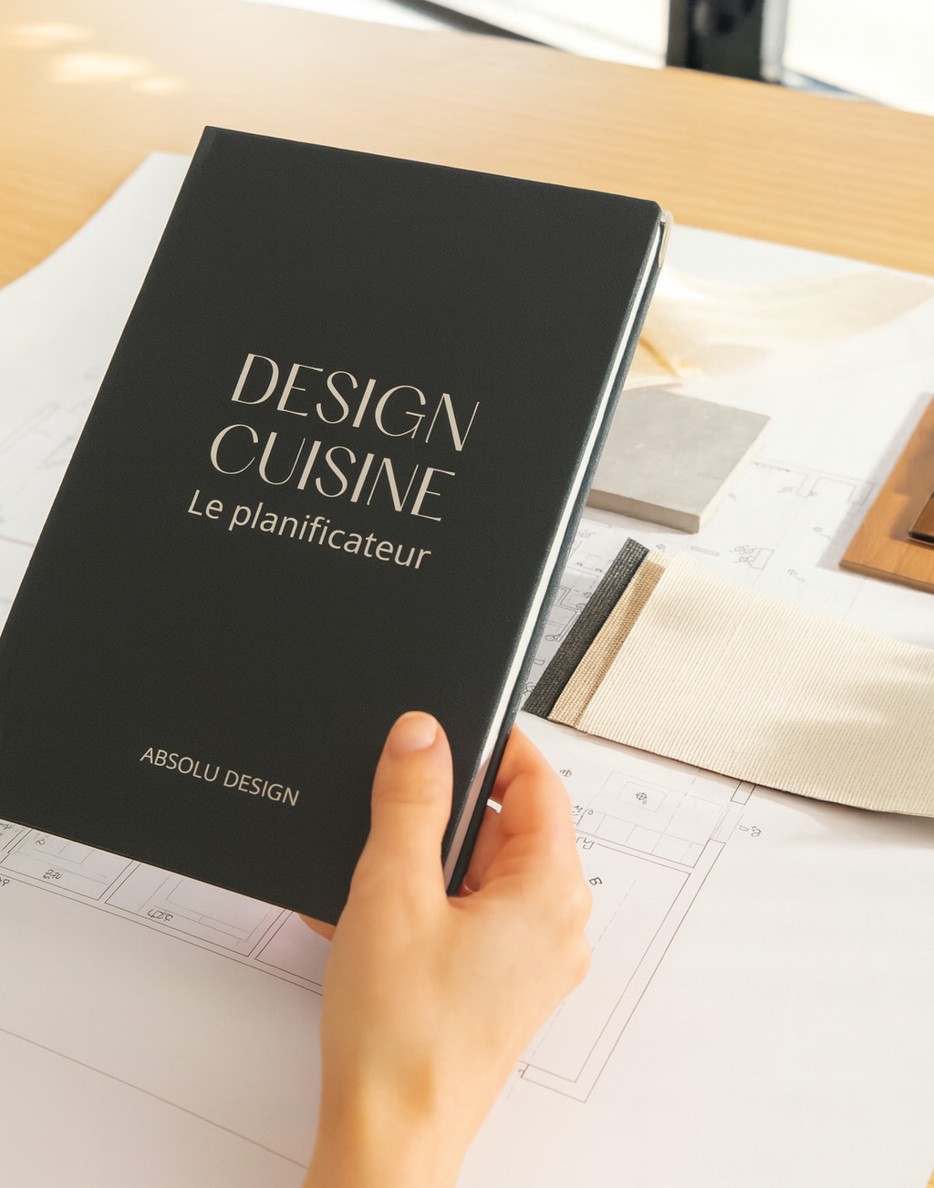 Couverture noire minimaliste du guide Design Cuisine par Absolu Design - Planificateur de rénovation avec plan de cuisine