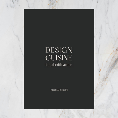 Couverture noire du guide Design Cuisine par Absolu Design - Planificateur de rénovation  sur comptoir de quartz